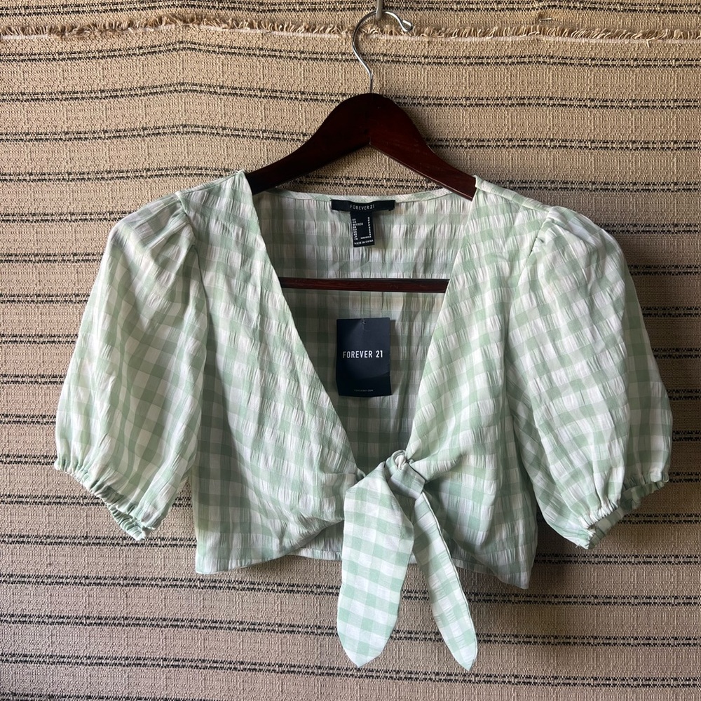 Forever 21 Green Gingham Tie-Front Crop Top